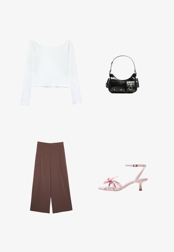 Weißes langärmliges Crop-Top mit Carmen-Ausschnitt. Hergestellt aus einem glatten, dehnbaren Stoff ohne sichtbare Muster oder Verzierungen.; Braune Weite-Leg-Hosen mit einer glatten Textur, hoher Taille und Vorderfalten. Der Stoff ist leicht und fällt locker.; Rosa Lackleder-Absatzsandalen mit einer floralem Akzent an der Zehe, ausgestattet mit einem verstellbaren Knöchelriemen und einem schmalen, kurzen Absatz.; Schwarze Lackleder-Handtasche mit geschwungenem Design, einem Schulterriemen, Vordertaschen und silberfarbenen Hardware-Akzenten.