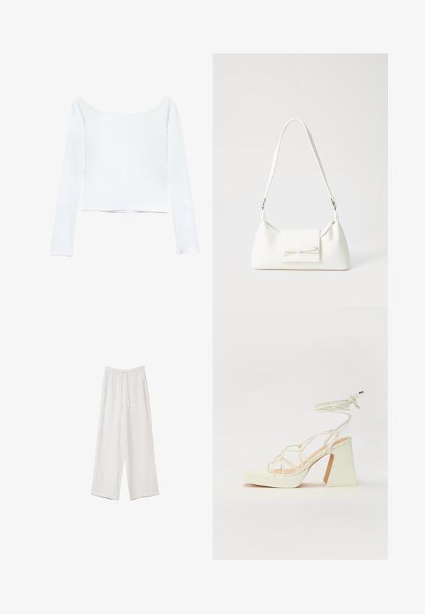 Bela dolga majica s sproščenimi rokavi in off-the-shoulder izrezom. Narejena iz gladkega, elastičnega materiala brez vidnih vzorcev ali okraskov.; Bele široke hlače iz lahkega materiala. Imajo elastičen pas s vrvico in stranske žepe. Gladka tekstura.; Bela sandala na visokih petah s debelim petam, ki ima obliko trakcev in vezanje okoli gležnja. Gladka tekstura z platformo spredaj za dodatno višino.; Bela sintetična torbica v obliki trikotnika, z ravnim sprednjim poklopcem in detajlom mašne, nastavljivim trakom, gladko teksturo in minimalističnim dizajnom.