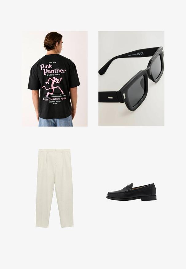 Čierne bavlnené tričko s veľkým ružovým grafickým motívom kresleného pantera, textom "Ružový panter bežecký klub" a detailmi o štadióne San Siro.; Svetlo béžové nohavice s rovnými nohavicami vyrobené z jemného materiálu, s vysokým pásom, prednými záhybmi, zapínaním na gombík a bočnými vreckami.; Mango Elegantné našuchovačky - black; Čierne obdĺžnikové slnečné okuliare s matným povrchom, tmavými sklami a striebornými akcentmi na spolkách. Majú hrubý dizajn rámu a hladkú textúru.
