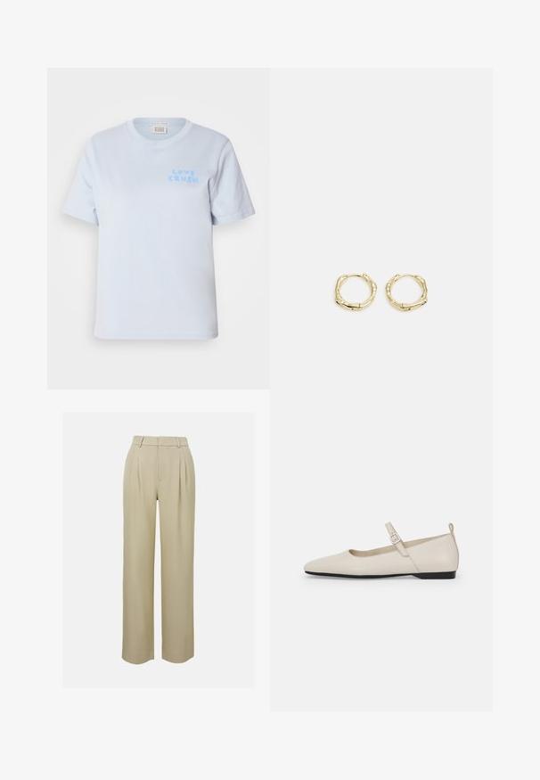 Lys blå bomuld T-shirt med korte ærmer og rund hals. Har teksten "LOVE CRUSH" i en legesyg stil på venstre bryst.; Beige, bredde benbukser lavet af glat stof, med forlængerplisseringer, skræddersyet taljebånd og sidelommer. Renset kantfinish.; Hvide læder Mary Jane flade sko med spids tå, sidelukning og lav sort hæl. Glat overflade og minimalistisk design.; Gul hoop ørestikker med en struktureret, uregelmæssig form. Har en sømløs lukning og en poleret overfladefinish, der fremhæver et moderne design.