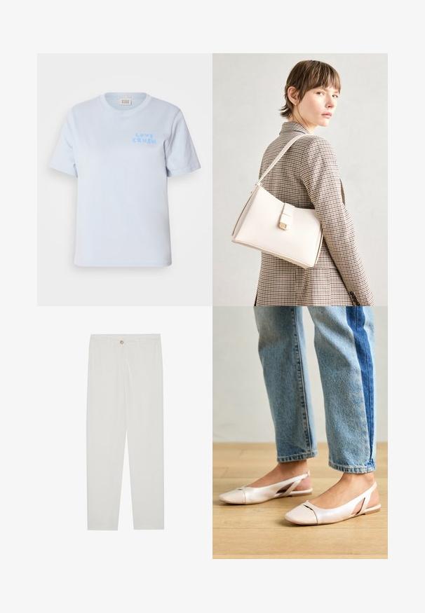 Lichtblauwe katoenen T-shirt met korte mouwen en een ronde hals. Kenmerkt zich door de tekst "LOVE CRUSH" in een speelse stijl op de linkerkant van de borst.; Witte, op maat gemaakte broek met een rechte pijpdesign, featuring een knoopsluiting, riemlussen en zijzakken; gladde stoftextuur.; Zachtroze slingback ballerina's met een spitse neus, gemaakt van een glad leerachtig materiaal. Bevat uitsnijdingen aan de zijkanten en heeft een platte hak.; Witte leren handtas met een gestructureerd ontwerp, voorzien van een magneetsluiting en een schouderriem, tentoongesteld tegen een neutrale achtergrond.
