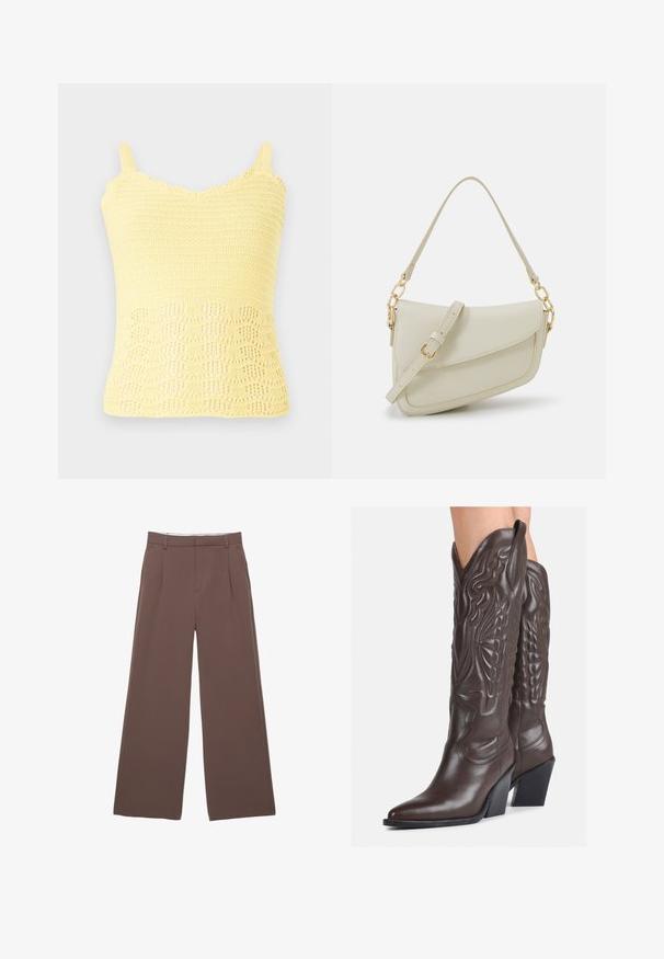 Rumeno pleteno majico s tankimi naramnicami, ki ima robove z valovitim vzorcem in teksturno zasnovo z odprto tkanino na dnu. Naramnice so nastavljive.; Hlače širokih nogavic v enotni rjavi tkanini, z gladko teksturo, sprednjimi pregibi in natančno oblikovanim pasom. Brez vidnih logotipov ali vzorcev.; Rjave usnjene kavbojske čevlje z ostrim nosom in blok peto, ki vsebujejo podrobno šivanje in dvignjene dodatke na zgornjem delu.; Mala kremna torbica z teksturiranim zaključkom, dolgim nastavljivim trakom, verižnim poudarkom in zapiranjem na poklop. Detajli iz zlatega kovinskega materiala.; Srebrne uhane v obliki obroča z minimalističnim dizajnom. Krožna oblika, gladka tekstura in tanek profil. Lahki s poliranim zaključkom.