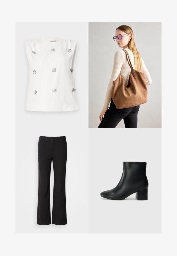 White sleeveless top with a round neckline, featuring silver embellishments resembling flowers evenly spaced on the fabric. Smooth texture.; Black cotton blend trousers with a straight-leg design, front button closure, and two side pockets. Smooth texture, no visible patterns.; Black leather ankle boots with a pointed toe and a chunky heel. Smooth texture with minimal accents and a sleek, fitted design.; Brown suede tote bag with soft texture, large opening, and long straps. Features a simple design with visible stitching and no hardware.