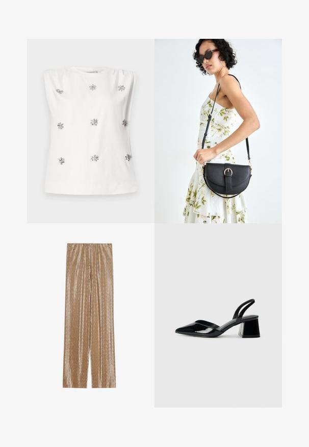 Witte mouwloze top met een ronde halslijn, voorzien van zilveren versieringen die gelijken op bloemen, gelijkmatig verdeeld over de stof. Gladde textuur.; Lichtbruin geplooide broeken van glanzende stof, met een gestructureerd zigzagpatroon en een elastische tailleband voor comfort.; Zwarte gepatineerde leren slingback hakken met een spitse neus en een geometrische blokhak. Kenmerkt zich door een slank, minimalistisch ontwerp en een gladde textuur.; Zwarte leren handtas met een gebogen vorm, afneembare schouderband en gouden hardware. De tas heeft een klep met een gespsluiting.