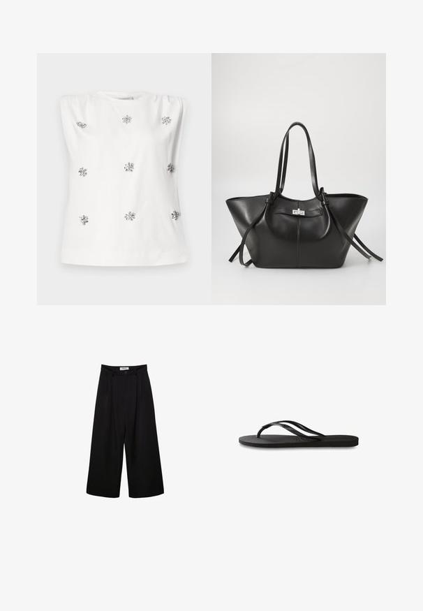 Bela brezrokavna majica s okroglim izrezom, ki ima srebrne okraske, ki spominjajo na cvetje, enakomerno razporejene po tkanini. Gladka tekstura.; Črne široke hlače s visokim pasom, sploščeno spredaj in gumbom za zapiranje. Narejene so iz gladkega materiala s krojem po meri.; Črne natikače z teksturirano gumijasto podlogo, dvema ozkima trakoma in subtilnim, vtisnjenim logom na traku.; Črna usnjena torba v obliki širokega trikotnika. Ima eleganten kovinski zaponko, dolge ročaje in gladko teksturo.