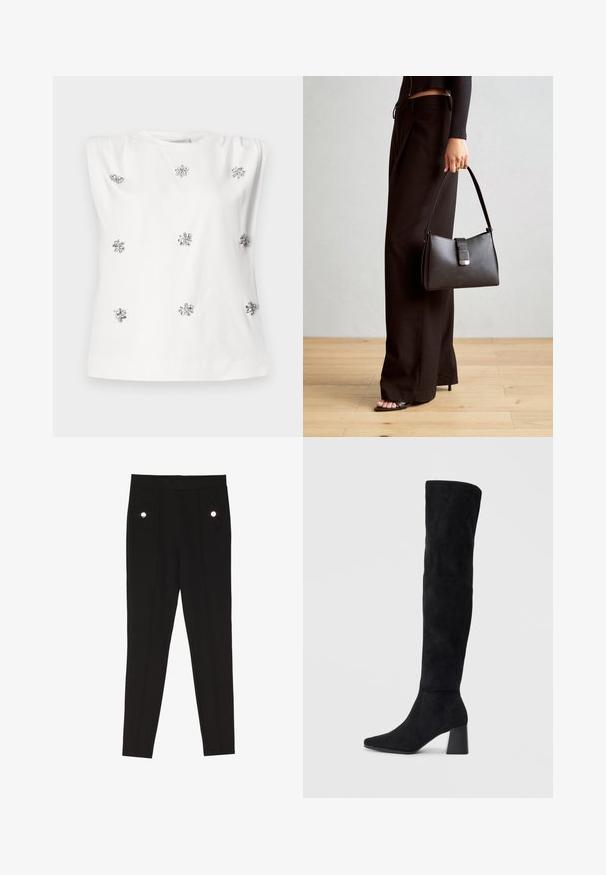 Weißes ärmelloses Top mit rundem Ausschnitt, das silberne Verzierungen in Blumenform aufweist, die gleichmäßig auf dem Stoff verteilt sind. Glatte Textur.; Schwarze maßgeschneiderte Hosen mit einer glatten Textur, ausgestattet mit zwei vorderen Taschen mit dekorativen Hardware-Akzenten und einem Slim-Fit-Design.; Schwarze Wildleder-Stiefel bis zum Knie mit Blockabsatz, spitzer Zehe und glattem, nahtlosem Design auf einem schlichten, hellen Hintergrund.; Schwarze Handtasche mit strukturierter Form, glatter Textur und einem metallischen Verschluss. Kombiniert mit weiten schwarzen Hosen und offenen Sandalen auf einem Holzboden.