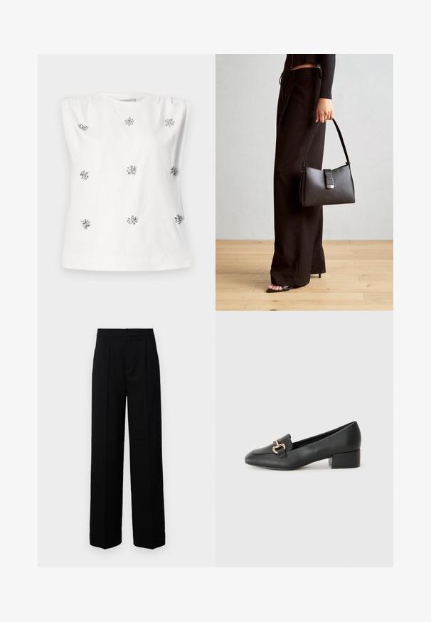 Weißes ärmelloses Top mit rundem Ausschnitt, das silberne Verzierungen in Blumenform aufweist, die gleichmäßig auf dem Stoff verteilt sind. Glatte Textur.; Schwarze weite Hosen mit glatter Textur, mit flacher Vorderseite, Falten und maßgeschneidertem Bund. Keine sichtbaren Beschläge oder Muster.; Schwarze Lederloafers mit flachem Absatz, die auf der Vorderseite ein dekoratives goldfarbenes Hardware-Detail und eine glatte Textur aufweisen.; Schwarze Handtasche mit strukturierter Form, glatter Textur und einem metallischen Verschluss. Kombiniert mit weiten schwarzen Hosen und offenen Sandalen auf einem Holzboden.