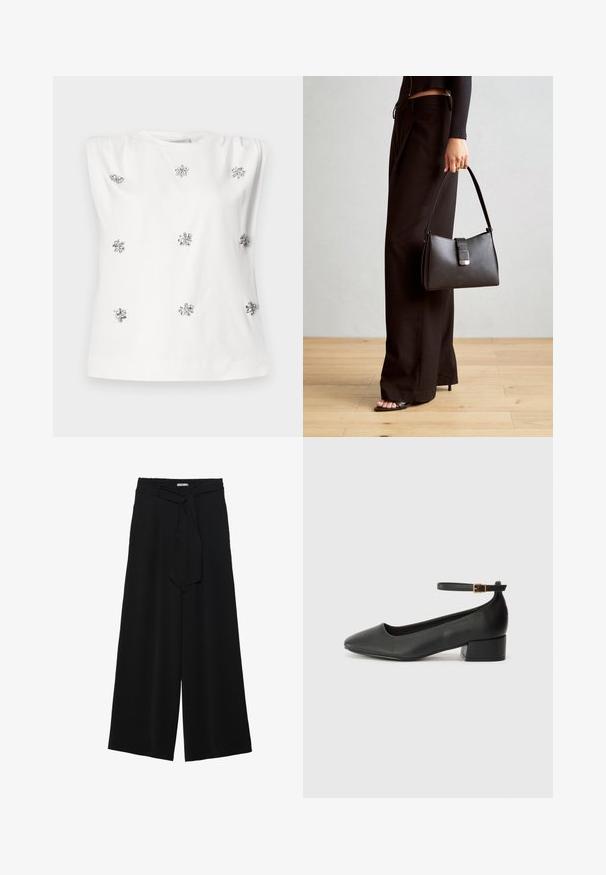 Balta bezpiedurkņu blūze ar apaļu izgriezumu, kurai ir sudraba rotājumi, kas atgādina ziedus un ir vienmērīgi izvietoti uz auduma. Gluda tekstūra.; Melni platleņķa bikses ar teksturētu audumu, elastīgu jostu un noņemamu siksnu viduklī, kas nodrošina regulējamu piegulšanu.; Melnas ādas sūkņi ar smailu purngalu un zemu bloku papēdi. Iezīmēts ar potītes siksniņu ar zelta krāsas sprādzi. Gluda tekstūra.; Melnā somiņa ar strukturētu formu, gludu tekstūru un metālu sprādzi. Saskaņota ar platām melnām biksēm un sandālēm ar atvērtu purngalu uz koka grīdas.