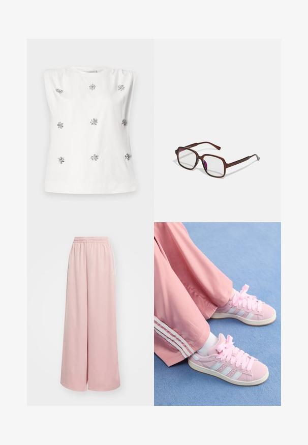 White sleeveless top with a round neckline, featuring silver embellishments resembling flowers evenly spaced on the fabric. Smooth texture.; Light pink wide-leg pants with an elastic waistband. Smooth fabric with side pockets and subtle branding on the left leg.; Pink athletic shoes with light blue stripes, round toe, and thick pink laces, paired with pink track pants featuring white side stripes.; Brown, rectangular eyeglasses with transparent lenses and purple tints. Smooth plastic frame with straight temples and subtle accents.