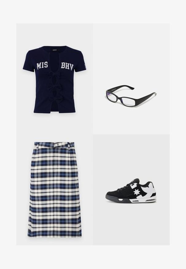 Marineblå kortærmet T-shirt med dyb V-udskæring, der har teksten "MIS BHV." Tre sløjfer pryder frontudskæringerne, lavet af blødt bomuldsstof.; Rutet nederdel i marineblå, hvid og grå. Har en lige silhuet, knaplukning og en subtil struktur med gittermønster.; Sort og hvid sneakers lavet af ruskind og mesh. Har et fremtrædende stjernelogo og dristige detaljer på siden, samt en polstret sål.; Sorte rektangulære briller med klare linser. Blank finish, smalle stænger, og lilla nuance synlig i kanterne af linsen.