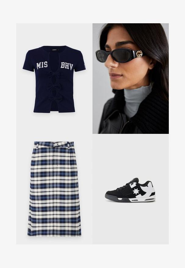T-shirt bleu marine à manches courtes avec un décolleté en V profond, présentant le texte "MIS BHV." Trois nœuds ornent les découpes à l'avant, fabriqués en coton doux.; Jupe à carreaux bleu marine, blanc et gris. Présente une silhouette droite, une fermeture à boutons et une texture subtile avec un motif de grille.; Baskets noir et blanc avec des matériaux en daim et en maille. Dotées d'un logo étoile proéminent et d'accents audacieux sur le côté, avec une semelle rembourrée.; Lunettes de soleil noires avec une monture rectangulaire élégante et un accent logo doré sur le côté. Les verres sombres et la finition brillante sont proéminents.