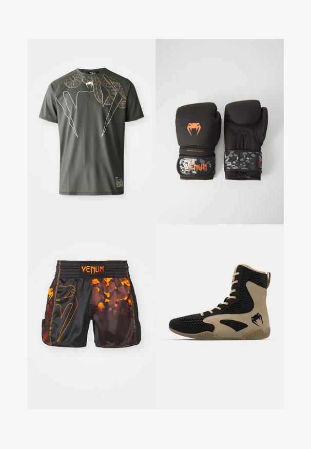 Tummanvihreä lyhythihainen t-paita, joka on valmistettu sileästä kankaasta ja jossa on kultaisista ja valkoisista kiemurtelevista käärmeistä koostuva graafinen kuvio.; Mustat ja oranssit Venum-shortsit, joissa on kiiltävä pinta, erottuvat kamouflagekuviot sekä joustava vyötärönauha logoyksityiskohdalla.; Korkean varren urheilukengät, joissa on musta verkkopinta beigeillä yksityiskohdilla. Hieman teksturoitu kumipohja ja logokuvaus sivussa.; Mustat nyrkkeilyhanskat, joissa on mattapinta ja ergonominen muotoilu. Oranssit logot yksityiskohtina ja maastokuvioidut rannekkeen hihnat.