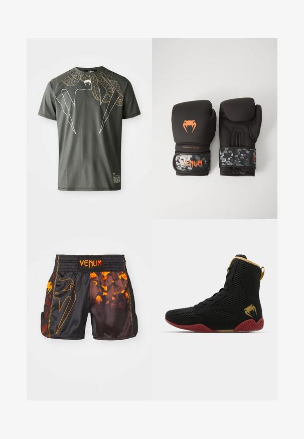 Tricou scurt cu mânecă, de culoare verde închis, realizat dintr-un material neted, având un design grafic cu șerpi împletiți în culorile aurie și albă.; Șorturi Venum negre și portocalii, cu un finisaj lucios, tipare de camuflaj contrastante și un talie elastică cu detalii ale logo-ului.; Shoe sportiv înalt, realizat din plasă neagră și material sintetic, cu accente texturate, talpă din cauciuc roșu și detalii aurii la glezna.; Mănuși de box negre cu un finisaj mat și design ergonomic. Detalii cu logo portocaliu și curele pentru încheietură cu model de camuflaj.