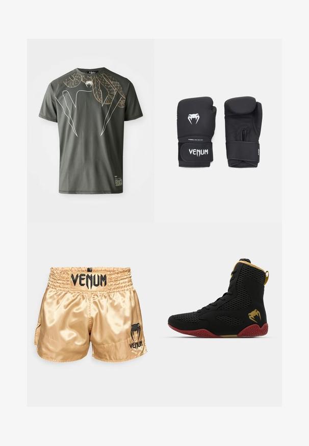 Tume roheline lühikeste varrukatega t-särk, mis on valmistatud siledast kangast, ja millel on kaunilt keerduvad mao graafikad kuld- ja valgetes toonides.; Kuldne satiinist poksipingid musta "VENUM" logoga vööl ja külgedel, millel on sile tekstuur ja elastne vöö, et tagada mugavus.; Korkeatutine sportlik king, musta võrkkangaga ja sünteetilisest materjalist, tekstuursete detailidega, punase kummitaldiga ja kuldsete aktsentidega pahkluu piirkonnas.; Mustad musta värvi poksikindad, millel on sile tekstuur, valge Venomi logo ja reguleeritav takjakinnitus, mis tagab kindla istuvuse.