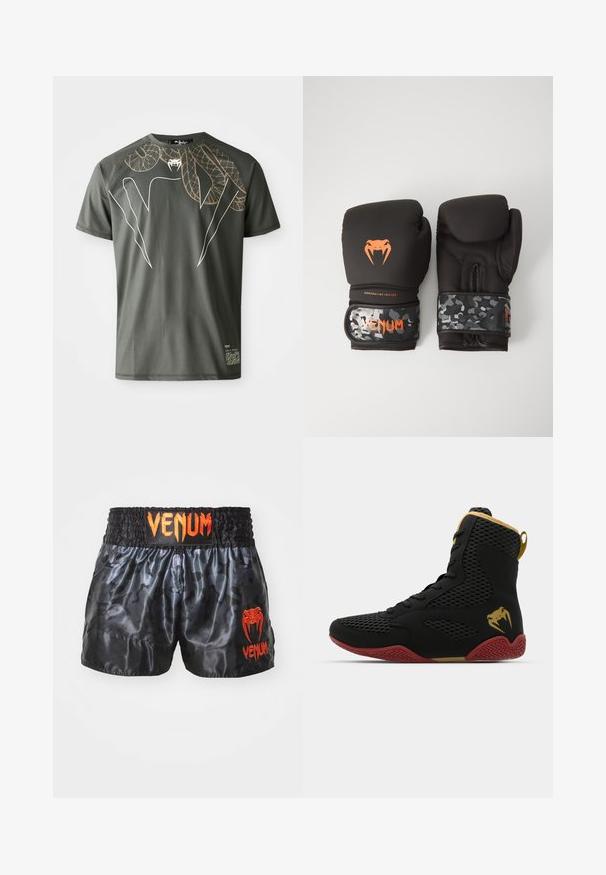 Tummanvihreä lyhythihainen t-paita, joka on valmistettu sileästä kankaasta ja jossa on kultaisista ja valkoisista kiemurtelevista käärmeistä koostuva graafinen kuvio.; Mustat satiinibokset, joissa on kamouflagekuvio, joustava vyötärö ja kirkkaan oranssi "VENUM"-logo edessä.; Korkokenkä urheilukenkä, jossa on mustaa verkkoa ja synteettistä materiaalia, teksturoituja yksityiskohtia, punainen kumipohja ja kultaiset yksityiskohdat nilkassa.; Mustat nyrkkeilyhanskat, joissa on mattapinta ja ergonominen muotoilu. Oranssit logot yksityiskohtina ja maastokuvioidut rannekkeen hihnat.