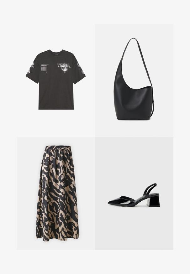 Camiseta de algodón negra con mangas cortas, cuello redondo, gráficos impresos que incluyen texto y motivos lunares en la parte delantera y en las mangas.; Falda larga negra y beige con cinturilla elástica, que presenta un patrón de print animal abstracto y una silueta fluida.; Zapatos de tacón slingback de charol negro con punta afilada y tacón geométrico en bloque. Presentan un diseño elegante y minimalista, así como una textura suave.; Bolso tipo hobo de cuero negro con una textura suave, forma curvada y una sola correa ajustable; presenta una amplia apertura en la parte superior.