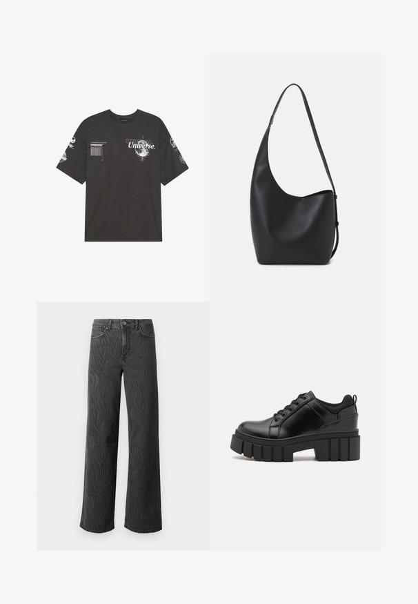 Mustmust t-särk lühikeste varrukatega, ümmargune kaelus, esipaneel ja varrukad sisaldavad trükitud graafikat, sealhulgas teksti ja kuu motiive.; Laial jalgevahega teksad tumedas hallis denimis, millel on peen sablestriibuline tekstuur, kontrastne õmblemine ja viie tasku disain nupuga.; Must musta platvormsussid paksu plokkninal, ümmarguse varbaga ja traditsioonilise nööridega kinnitamisega. Sussid on sileda tekstuuriga ja minimaalsete detailidega.; Mustast nahast hobo kott, millel on sile tekstuur, kumer kuju ja üks reguleeritav rihm; peal on lai avaus.