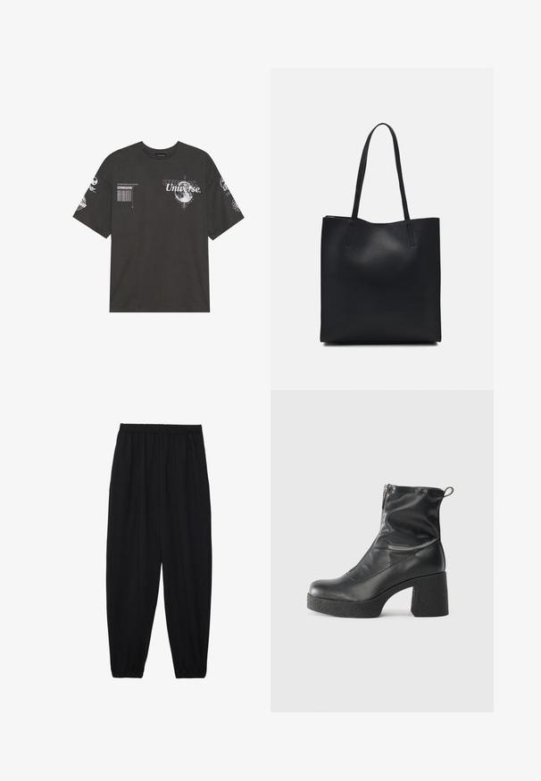 T-shirt preta em algodão com mangas curtas, decote redondo, gráficos impressos incluindo texto e motivos lunares na parte da frente e nas mangas.; Calças pretas, leves, com um cinto elástico e punhos franzidos. O tecido é suave e apresenta um design relaxado e afunilado.; Botas de tornozelo pretas feitas de couro liso, com fecho lateral, salto grosso texturizado e design de bico arredondado.; Bolsa tote preta em couro com textura lisa, forma retangular e duas alças longas. Sem hardware ou enfeites visíveis.