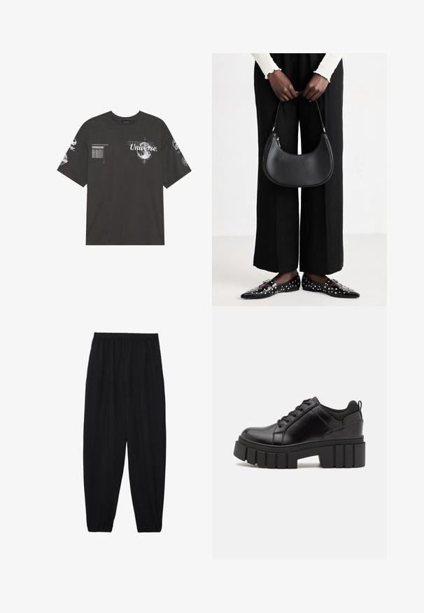 Zwarte katoenen t-shirt met korte mouwen, een ronde hals, bedrukte graphics waaronder tekst en maanmotieven op de voorkant en mouwen.; Zwarte, lichte broek met een elastische tailleband en gathered enkels. De stof is glad en heeft een ontspannen, taps toelopend ontwerp.; Zwarte leren platform schoenen met een stevige blokhak, ronde neus en een traditionele vetersluiting. Kenmerkt zich door een gladde textuur en minimale details.; Zwarte lederen schoudertas met een ronde vorm, glanzende afwerking en zilverkleurige hardware. Persoon in zwarte wijde broek en gestifte loafers.