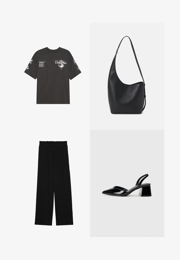 Musta puuvillapaita, jossa on lyhyet hihat, pyöreä kaula-aukko, ja etuosassa ja hihoissa on painettuja grafiikoita, mukaan lukien teksti ja kuun kuvasto.; Musta leveälahkeinen housut, joissa on röyhelövyötärö, kaksi sivutaskua ja sileä, kevyt kangas. Ei näkyviä kuvioita tai metalliosia.; Mustat patentoitu nahkakengät, joissa on säären takaosa ja terävä kärki, sekä geometrinen palikkakorko. Sisältää tyylikkään, minimalistisen muotoilun ja sileän pinnan.; Musta nahkainen hobo-laukku, jossa on sileä pinta, kaareva muoto ja yksi säädettävä olkahihna; sisäänkäynti on leveä ylhäältä.