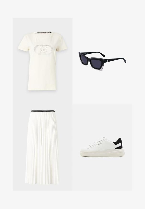 T-shirt color crema in cotone morbido con maniche corte e scollatura rotonda. Presenta un design del logo glitterato nella parte frontale.; Gonna bianca plissettata con elastico nero in vita che presenta il logo "LACOSTE". Design di lunghezza media con texture morbida.; Sneaker bianchi in pelle con suola spessa bianca, accento in suede nero sul tallone e logo impresso sul lato. Design con lacci e sei fori per i lacci.; Occhiali da sole oversize neri dalla forma geometrica, con lenti scure e un dettaglio grigio a contrasto sulla montatura. Logo sul braccio.