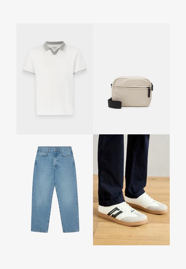 Hvit kortermet polo-shirt med lys grå krage og mansjettkant, med en V-utskjæring under kragen og en liten merkeetikett inni.; Lyseblå denim brede benbukser med høy midje, som har fem lommer, beltehemper og en myk, lett falmet tekstur.; Hvite og grå sneakers med svarte striper, laget av lær, med gummisåle og flate lisser. Brukt med marineblå bukser på et trefloor.; Kremfarget kordfløyels crossover-veske med svart glidelås, avtakbar stropp og teksturert mønster. Har ett hovedrom og en frontlomme.