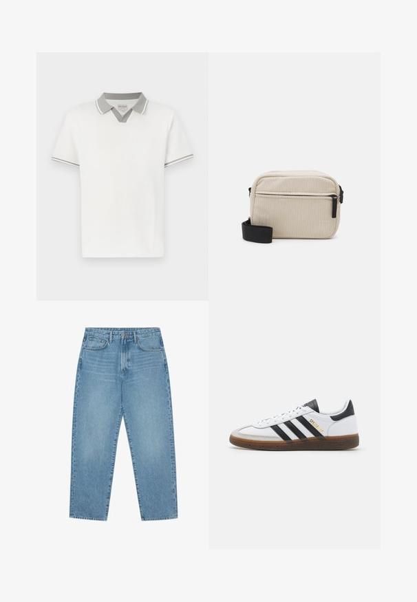 White short-sleeve polo shirt with light gray collar and sleeve trim, featuring a V-notch detail below the collar and a small brand label inside.; Light blue denim wide-leg jeans with a high waist, featuring five pockets, belt loops, and a soft, slightly faded texture.; White leather sneaker with black suede accents, three black stripes, beige rubber sole, and gold "SPEZIAL" branding on the side.; Cream-colored corduroy crossbody bag with a black zipper, removable strap, and textured pattern. Features one main compartment and front pocket.