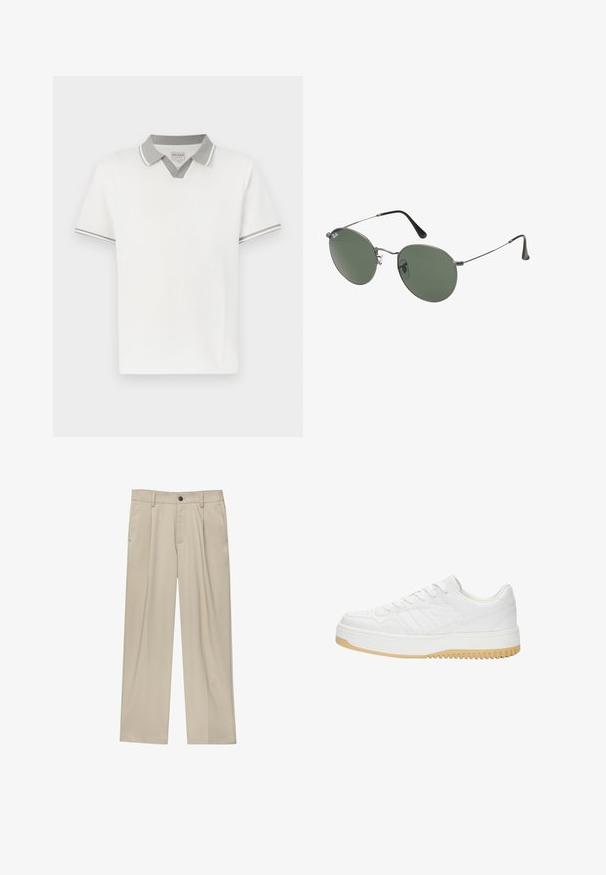 Biała koszulka polo z krótkim rękawem, z jasnoszarym kołnierzykiem i wykończeniem rękawów, z dekoltem V pod kołnierzem oraz małą metką marki wewnątrz.; Beżowe spodnie o prostym kroju, z pojedynczym czarnym guzikiem, szlufkami na pasek oraz bocznymi kieszeniami. Gładka faktura materiału i minimalistyczny design.; Białe skórzane sneakersy o fakturowanym wykończeniu, z gumową podeszwą, sznurowanym zapięciem i subtelnymi akcentami w paski po bokach.; Okulary przeciwsłoneczne z metalową ramą i owalnymi zielonymi soczewkami. Cienka srebrna metalowa rama i czarne końcówki zauszników. Minimalistyczny design, bez widocznych logo.