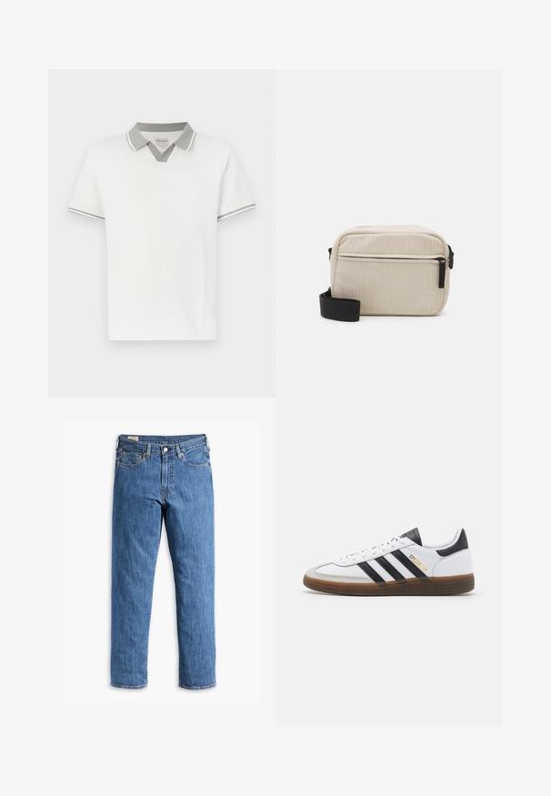 White short-sleeve polo shirt with light gray collar and sleeve trim, featuring a V-notch detail below the collar and a small brand label inside.; Blue denim jeans with a straight leg cut, copper rivets, and five-pocket design. Features a sewn hem and a classic waistband with belt loops.; White leather sneaker with black suede accents, three black stripes, beige rubber sole, and gold "SPEZIAL" branding on the side.; Cream-colored corduroy crossbody bag with a black zipper, removable strap, and textured pattern. Features one main compartment and front pocket.