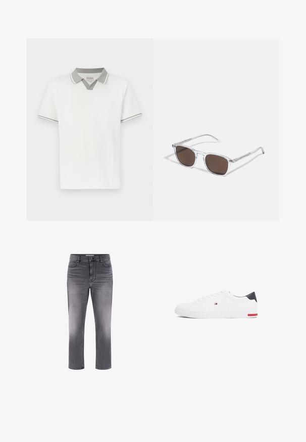 White short-sleeve polo shirt with light gray collar and sleeve trim, featuring a V-notch detail below the collar and a small brand label inside.; Gray denim jeans with a five-pocket design, straight cut, and a faded finish. Features a button fly and contrasting stitching details.; White low-top sneakers made of smooth leather. Features a navy heel cap and a red accent on the sole. Six eyelets for laces.; Clear plastic sunglasses with rectangular brown lenses, featuring thin, transparent arms and metal accents on the temples.