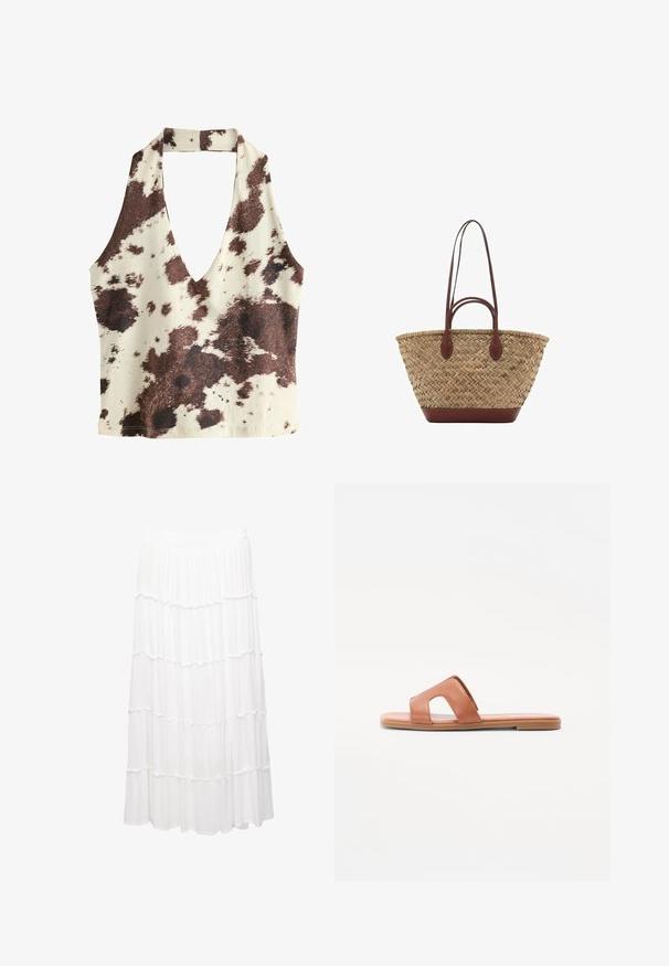 Ruskea ja kerma väriinen halterneck-toppi, jossa on syvä V-aukko, lehmän kuvio, sileä kangasteksti ja avoin takasuunnittelu.; Valkoinen kerroksellinen hame, joka on valmistettu kevyestä kankaasta. Hameessa on joustava vyötärö, röyhelökerrokset ja virtaava muotoilu, joka ulottuu polven puoliväliin.; Ruskean nahkakengät, joissa on avonainen varvasosa, leveä hihna leikatuilla yksityiskohdilla, litteä pohja ja sileä pinta.; Kudottu oljetikassi, jossa on punottu rakenne, tummanruskeat nahkakahvat ja pohja, leveä pyöreä muoto ja avoin ylhästä muotoilu.