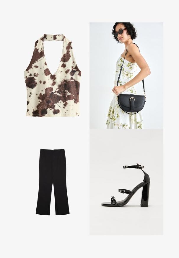 Brauner und cremefarbener Haltertop mit tiefem V-Ausschnitt, Kuhmuster, glatter Stoffstruktur und offenem Rückendesign.; Schwarze Hose mit geradem Schnitt, ausgestattet mit Fronttaschen und Seitenschlitzen am Saum. Hergestellt aus weichem, glattem Stoff. Geeignet für verschiedene Anlässe.; Schwarze patentierte Sandalen mit Absatz, quadratischer Spitze, Knöchelriemen und silbernen Schnallen. Mit einem stabilen Blockabsatz für mehr Stabilität.; Schwarze Lederhandtasche mit geschwungener Form, abnehmbarem Tragegurt und goldenen Beschlägen. Die Tasche verfügt über einen Deckel mit einer Schnallen-Details.