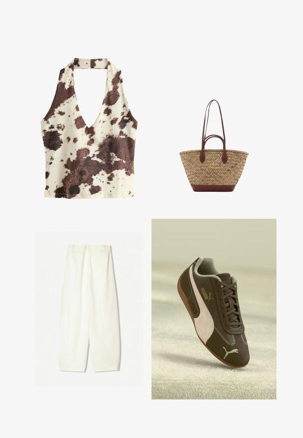Brązowy i kremowy top na szyję z głębokim dekoltem w kształcie V, wzorem w cętki krowie, gładką teksturą materiału i otwartym plecami.; Szerokie spodnie w miękkim kremowym materiale, z gładką teksturą, przednimi kieszeniami oraz luźnym krojem z średnim stanem.; Brązowe sneakersy Puma z beżowym paskiem i logo, sznurowane, spoczywające na teksturowanej beżowej powierzchni.; Spleciona torba z trawy z plecionym wzorem, ciemnobrązowe skórzane uchwyty i podstawa, szeroki okrągły kształt oraz otwarty projekt.; Stos dwóch pierścionków; górny jest bursztynowy z wirami, a dolny jasnobeżowy; oba są gładkie i błyszczące z żywicy.