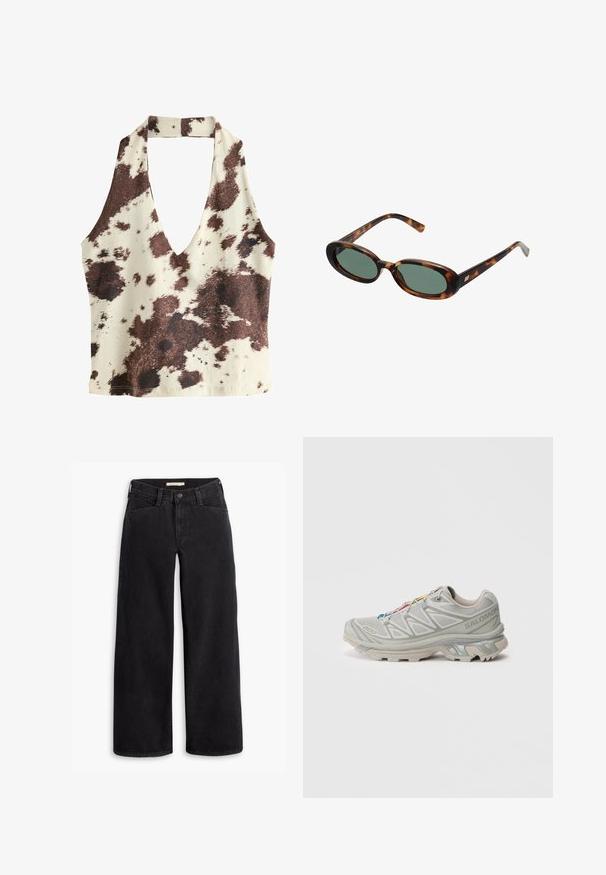 Barna és krémszínű pántos felső mély V-kivágással, tehénmintás mintázattal, sima anyagtextúrával és nyitott hátú kialakítással.; Fekete, bő szárú farmernadrág. Magas derék, elülső zsebek és cipzárral, gombos záródással rendelkezik. Simább tapintású.; Világosszürke sportcipő, texturált hálós felsőrésszel, fényvisszaverő részletekkel, jellegzetes talppal és színes fűzőkkel. Támogató kialakítással rendelkezik.; Tortojásmintás napszemüveg ovális kerettel és zöld lencsékkel. Vékony szárakkal rendelkezik, fémes kiegészítővel a csuklók közelében.