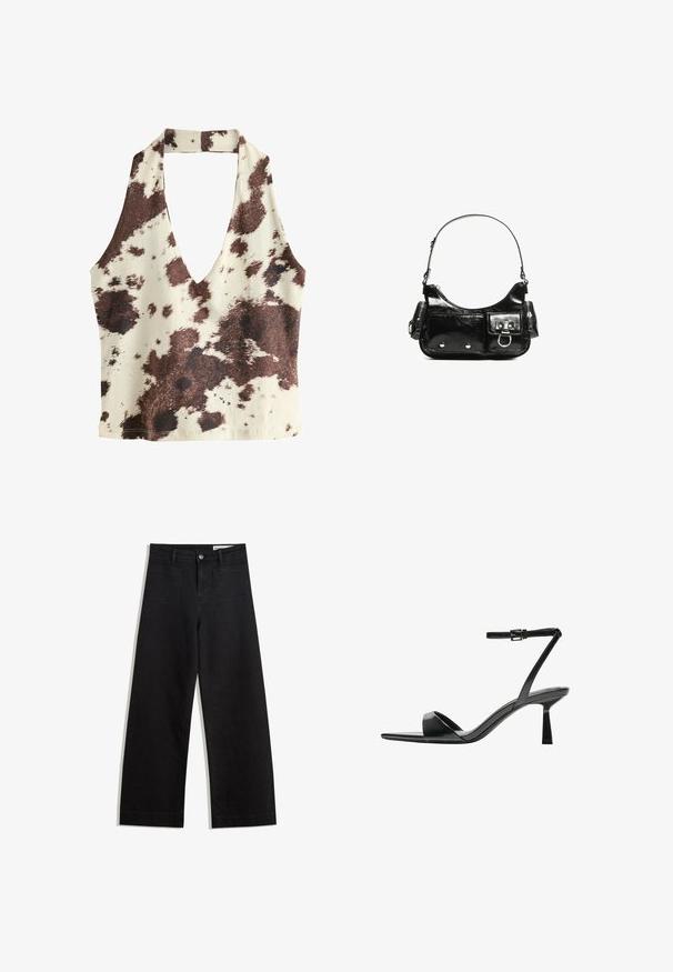 Smeđa i krema halter majica s dubokim V-izrezom, uzorkom krave, glatkom teksturom tkanine i otvorenim leđima.; Crne široke traperice s visokim strukom, s prednjim i stražnjim džepovima, šivenim šavovima i kopčanjem na gumb. Glatka tekstura.; Bershka Sandale s visokom petom - black; Crna patentna kožna torba s zakrivljenim oblikom, jednim remenom za rame, prednjim džepovima i akcentima od srebrnog tona.