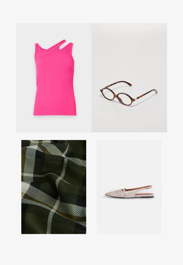 Ružový rebrovaný tielko s asymetrickým výstrihom a výrezom na pleci. Textília má hladkú štruktúru a priliehavý strih.; Tkanina skáčaná v kostkovaném vzoru s tmavě zelenou, černou a bílou barvou. Textura je hladká s jemným vzorovaným povrchem.; Svetlosivá lodička so slingback dizajnom a špicatou špičkou, vyrobená z mäkkej semišovej textúry, so siedmimi dekoratívnymi prackami a nízkym plochým podpätkom.; žltokremové okuliare s oválnymi rámami, priehľadnými šošovkami a zlatými akcentmi. Obsahujú zahnuté nožičky a hladký, lesklý povrch.; COACH BROOKLYN SHOULDER BAG 23 - Kabelka - maple