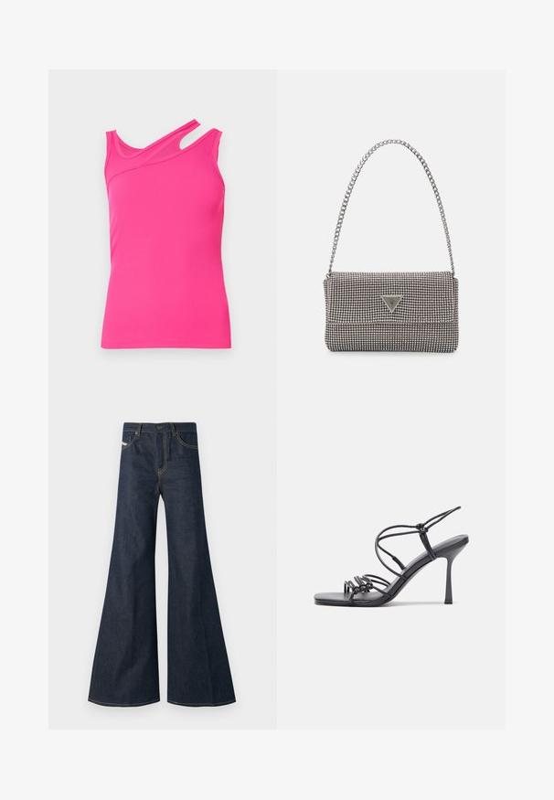 Pink ribbed tank top with an asymmetrical neckline and shoulder cutout. Fabric has a smooth texture and fitted design.; Dark blue flared jeans made of denim, featuring a high waist, gold stitching accents, and two front pockets with a button closure.; Black high-heeled sandals feature thin straps with a knotted design, a smooth square toe, and a sleek stiletto heel.; Light gray metallic handbag featuring a chain strap, embellished with small circular metallic studs and a triangular brand logo.; Silver hoop earrings with a smooth, shiny finish. Rounded shape, lightweight design, featuring a post-back closure.