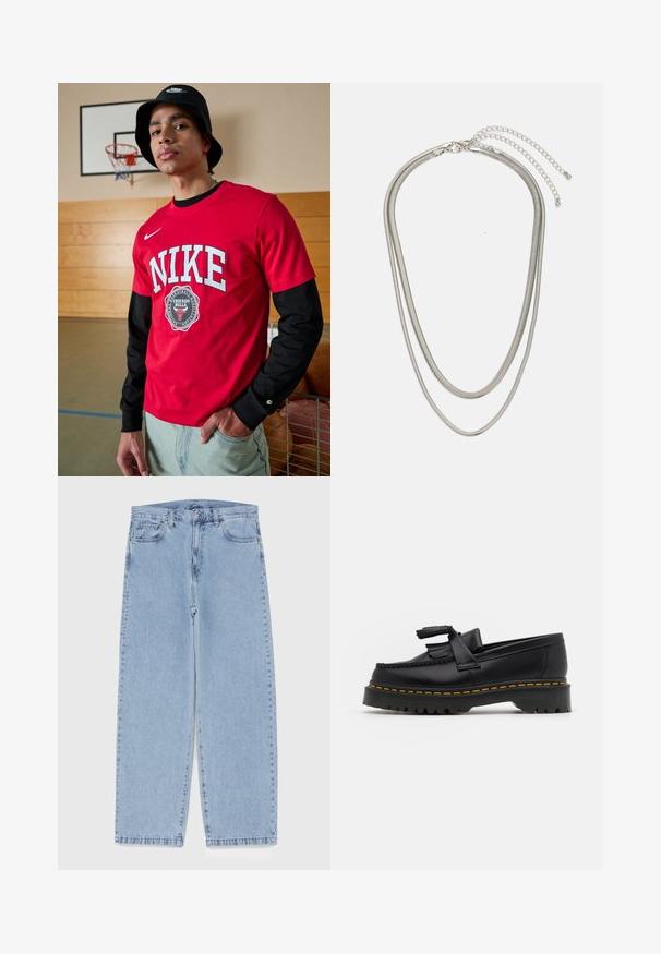 Červené tričko Nike s krátkým rukávem má velký bílý nápis "NIKE", logo Chicago Bulls a černé dlouhé rukávy. Kombinováno se světle modrými džíny.; Světle modré džíny s rovnými nohavicemi, středním pasem, pěti kapsami a zapínáním na knoflík a zip.; Černé kožené mokasíny s třásněmi, se silnou černou podrážkou a žlutým prošíváním podél okraje. Texturovaný povrch.; Vícevrstvý stříbrný kovový náhrdelník s elegantními, flexibilními řetízky s jemným leskem, zabezpečený karabinkou a nastavitelným řetízkem.