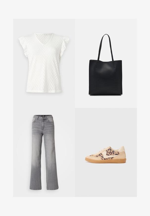 Bílý top s krátkým rukávem ve tvaru V, s chevronovými výsekovými vzory, volány na ramínkách a měkkým, strukturovaným povrchem.; Džíny z šedého denimu s vysokým pasem a rovnými nohavicemi, předním zapínáním na knoflík a zip, předními a zadními kapsami, a vybledlým stínováním na stehnech a lýtkách.; Tenisky s leopardím vzorem, s béžovým semišovým svrškem, hnědou gumovou podrážkou a bílými akcenty. Kulatý špička a šněrovací design s texturovaným povrchem.; Černá kožená taška přes rameno s hladkým povrchem, obdélníkovým tvarem a dvěma dlouhými uchy. Žádné viditelné kování ani ozdoby.