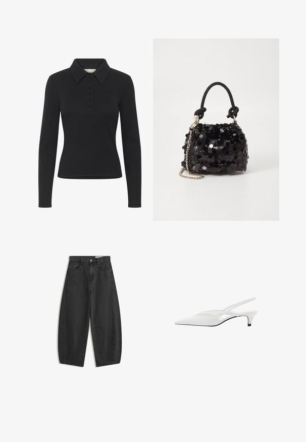 Musta pitkähihainen polo paita, jossa on ribbikuvio, nappilista ja hillitty logo. Ominaisuuksiin kuuluu klassinen kauluksen muoto.; Mustat leveät lahkeet farkut korkealla vyötäröllä, etutaskuilla, vyölenkeillä ja napin kiinnityksellä, esillä tasaisena valkoista taustaa vasten.; Valkeat nilkkaremmikengät, joissa on terävä kärki, sileä päällinen, hienovaraiset aukot ja matala lohkopohja. Musta pohja korostaa muotoilua.; Mustan paljetti-minilaukku, jossa on solmittu teksturoidu hihna ja hopeaketju. Pyöreä muoto, joissa on rypistetty yläosa ja heijastava yksityiskohta.