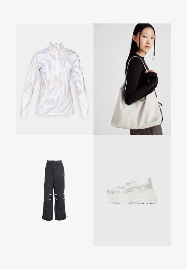 Ilgas rankoves sportinis marškinėlis baltos spalvos su šviesiai smėlių bangų raštu, turintis aukštą apykaklę ir ketvirčio užtrauktuką. Slydus, tamprus audinys.; Juodos plačios kelnės su atspindinčiomis detalėmis ant kelių, aukšta juosmens linija su diržo kilpomis ir apskritas logotipas viršutinėje dešinėje šlaunies dalyje.; Sidabriniai sportbačiai su tekstūriniu tinkliniu viršumi ir iššokančiomis akcentais, turintys masyvų baltą pado ir raištelių užsegimą.; Bežinė rankinė, pagaminta iš minkštos medžiagos, turinti laisvą dizainą, siuvinėtas detalės ir dvi petnešos. Tinkama kasdieniam naudojimui.