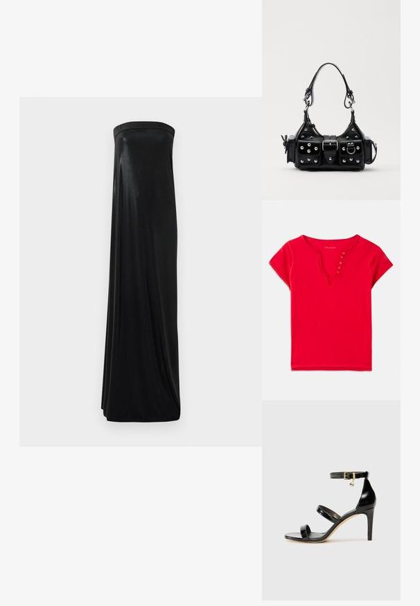 Crvena kratka majica s kratkim rukavima od mekog pamuka, s V-izrezom i detaljima od gumba, te opuštenim krojem. Glatka tekstura, minimalni šavovi.; Crna maksi haljina bez naramenica izrađena od glatkog, sjajnog materijala. Ima uski korzet i lepršavi siluetu, doseže do poda bez ukrasa.; Crne lakirane kožne sandale s tri trake, kopčom na zapešću i potpeticom od 10 cm. Sadrže zlatne detalje i privjesak s logotipom.; Crna kožna torba s zakrivljenim dizajnom, koja sadrži srebrne zakovice, kopču i dva bočna džepa. Podesiva traka za različite opcije nošenja.