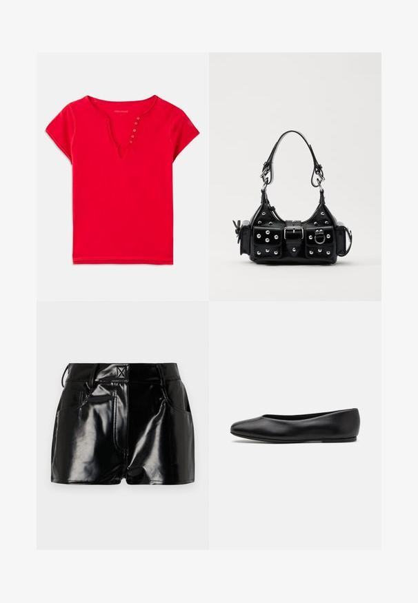 Rød kortærmet top lavet af blød bomuld, med V-halsudskæring og knapdetaljer samt en afslappet pasform. Glat tekstur, minimale sømme.; Sorte, blanke shorts lavet af syntetisk materiale. Har en tætsiddende talje, bælteslaufer og forlommer med fremtrædende stikninger.; Paul Smith TOPANGA - Ballerinasko - black; Sort læderhåndtaske med et buet design, prydet med sølvfarvede nitter, en spænde og to sidelommer. Justerbar rem til forskellige bære muligheder.