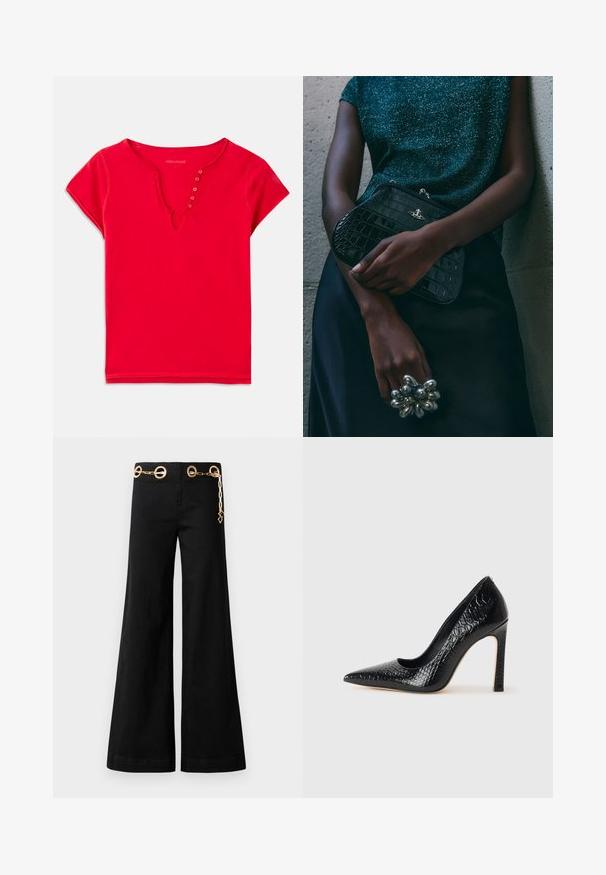 Piros, rövid ujjú, puha pamut anyagból készült felső, V-nyakkivágással és gombdíszítéssel, laza szabású. Sima textúra, minimális varrás.; Fekete, bő szárú pamutnadrág, arany kör alakú fémrészletekkel és láncdetallal a derékvonalon. Simag textúra, letisztult fazon.; Fekete hegyes orrú magassarkú cipő krokodilbőr textúrával, letisztult dizájnnal, magas tűsarkú és sima fekete belső résszel.; Fekete krokodilbőr mintázatú válltáska ezüst hardware-rel, egy texturált szürke háttér előtt tartva. Fényes felülettel rendelkezik.