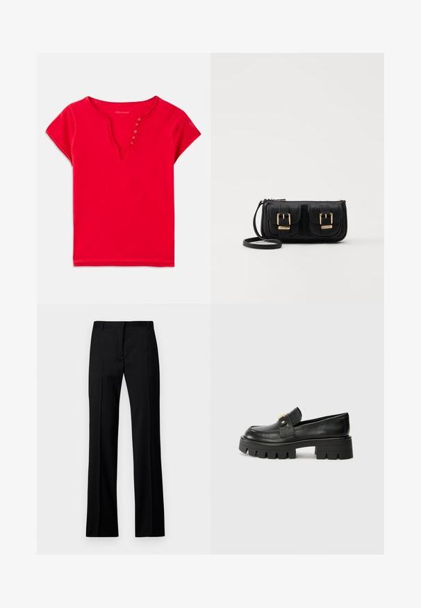 Rød kortermet topp laget av myk bomull, med V-hals og knappdetaljer samt en avslappet passform. Glatt tekstur, minimale sømmer.; Svarte rettloved bukser i glatt stoff, med flat front, beltefester og ingen synlige lommer eller utsmykninger.; Sorte skinnloafers med en kraftig såle, med en gulltoneakcent foran og en jevn finish. Kraftig mønsterdesign på sålen.; Svart skinn crossbody veske med to frontlommer, gyldne spenner, glidelåslukking og en slank stropp. Teksturert overflate og kompakt rektangulær form.