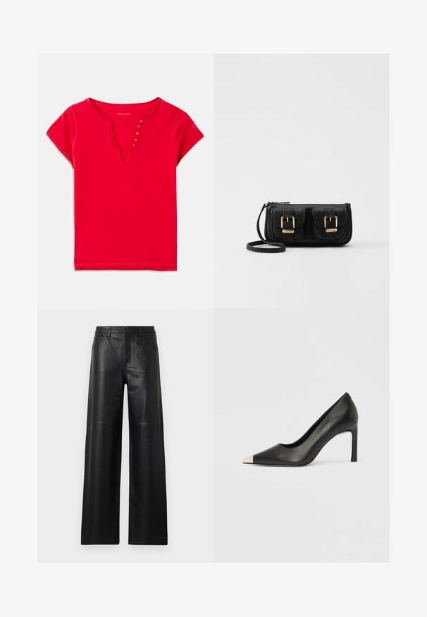 Rød kortærmet top lavet af blød bomuld, med V-halsudskæring og knapdetaljer samt en afslappet pasform. Glat tekstur, minimale sømme.; Bredde ben sorte læderbukser med en glat tekstur, der har frontlommer, knaplukning og subtile syninger.; Sort læder højhælet sko med spids tå og metal-sølv hætte. Har en glat finish og en slank hæl på 10 cm.; Sort læder crossbody taske med to frontlommer, guldspænder, lynlåslukning og en slank rem. Struktureret overflade og kompakt rektangulær form.