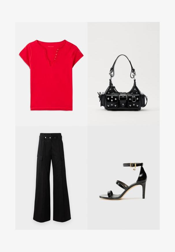 Red short-sleeve top made of soft cotton, featuring a V-neckline with button accents and a relaxed fit. Smooth texture, minimal seams.; Black wide-leg pants with a high waistband, featuring large side pockets, two front buttons, and a loop detail. Made from sturdy fabric.; Black patent leather sandal with three straps, ankle buckle, and 4-inch stiletto heel. Features gold hardware detail and logo charm.; Black leather handbag with a curved design, featuring silver studs, a buckle, and two side pockets. Adjustable strap for carrying options.