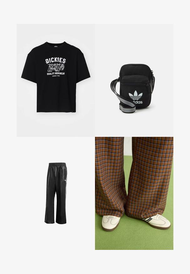 Svart kortermet t-skjorte laget av bomull, med et hvitt grafisk trykk som sier "DICKIES QUALITY WORKWEAR" med illustrasjoner av verktøy under.; Sorte syntetiske treningsbukser med elastisk midje, som har hvite sidestreker og en liten hvit logo på venstre hofte.; Brune og blå rutete vide bukser sammen med hvite sko med svarte detaljer og teksturerte såler, satt mot en grønn bakgrunn.; Svart stoff crossbody veske med glidelås, med en hvit Adidas-logo og enstripet justerbar stropp for enkel bæring.