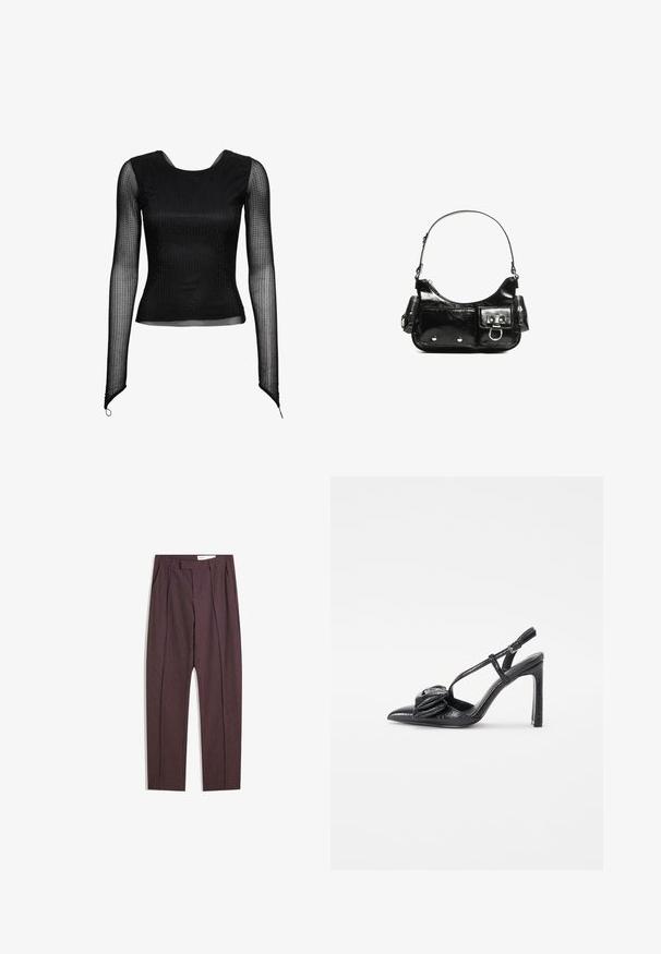 Musta pitkähihaisella puserolla, joka on valmistettu läpinäkyvästä materiaalista. Se on istuva malli, jossa on teksturoitu pistekuviointi. Pyöreä kaula-aukko, slim fit.; Violet raidojat, joissa on poimutuksia, korkea vyötärö ja suora lahje. Valmistettu sileästä, teksturoidusta kankaasta.; Mustat korkokengät, joissa on kärjestä terävä muoto, kiiltävä pinta, ohuet hihnat ja koristeellinen pleattaus etupuolella.; Mustekko mustasta kiiltonahasta valmistettu käsilaukku, jossa on kaareva muoto, yksi olkahihna, etutaskut ja hopeanväriset yksityiskohdat.