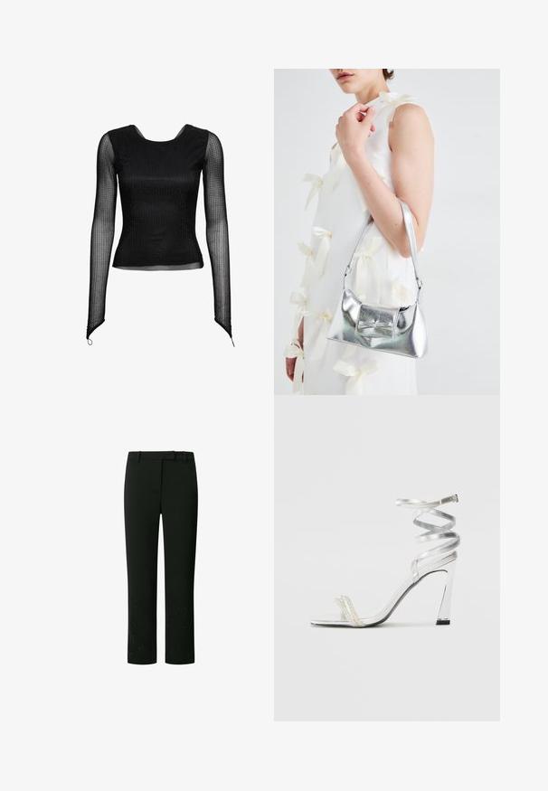 Camiseta negra de manga larga con material transparente, que presenta un diseño ajustado y un patrón de puntos texturizados en toda la prenda. Cuello redondo, corte ajustado.; Pantalones negros ajustados con corte recto, que presentan sutiles adornos o perlas en la parte inferior de la pierna, confeccionados en un tejido suave.; Sandaia de tacón alto plateada con un diseño de tira brillante, que cuenta con un acento similar a una perla y una correa en espiral en el tobillo para un ajuste seguro.; Bolso de mano metálico plateado con forma estructurada, que presenta un asa superior y un detalle de lazo en el frente. Textura suave y acabado reflectante.